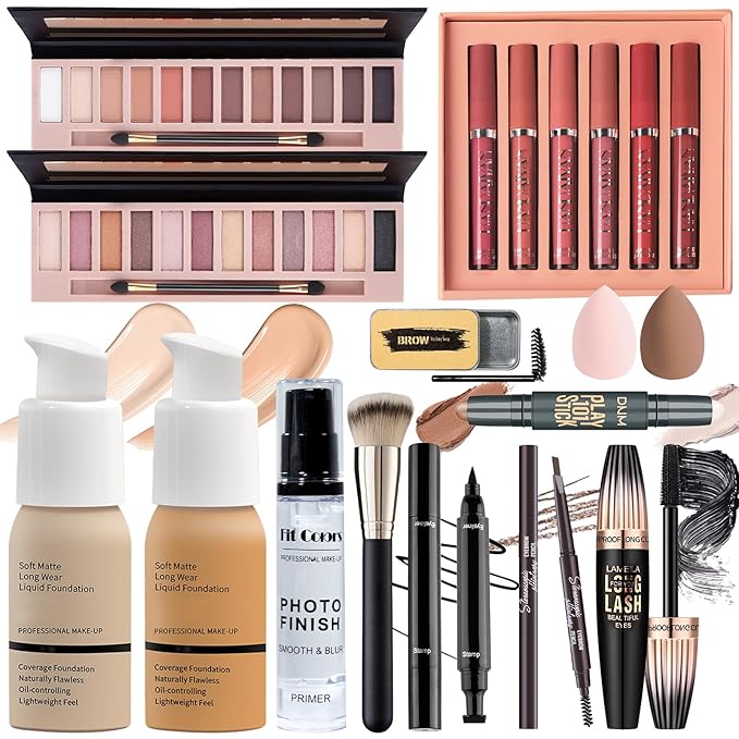 Full Makeup Set Kit for Women Girls Teens, Makeup Present Set, Foundation Face Primer, Eyeshadow Eyeliner Eyebrow Pencil Soap Mascara, Counter Stick Liquid Lipsticks, Brush & Sponges-BrightBean Baby