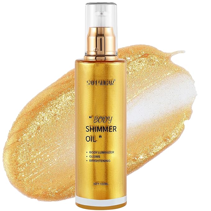 Shimmer Body Oil, Long Lasting Moisturizing Body Glow Glitter for Women Face Luminizer Highlighter Makeup 100ml Shimmer Oil for Glowing Skin Lotion (Gold)-BrightBean Baby