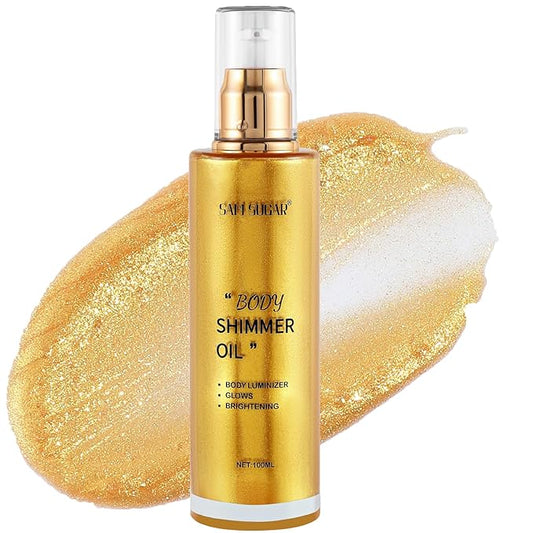 Shimmer Body Oil, Long Lasting Moisturizing Body Glow Glitter for Women Face Luminizer Highlighter Makeup 100ml Shimmer Oil for Glowing Skin Lotion (Gold)-BrightBean Baby