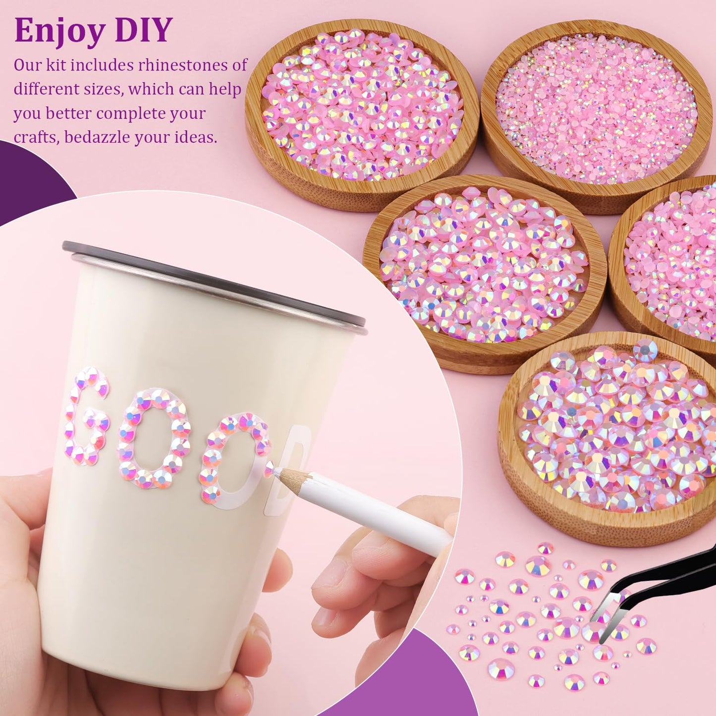 Resin Jelly Rhinestones for Crafting with B7000 Jewelry Glue, 2 Boxes Light Pink AB Flatback Crystals with 3Pcs 10ml Glue, Bedazzling Non Hotfix Gems for DIY Tumblers Clothing Shoes Manicure-BrightBean Baby