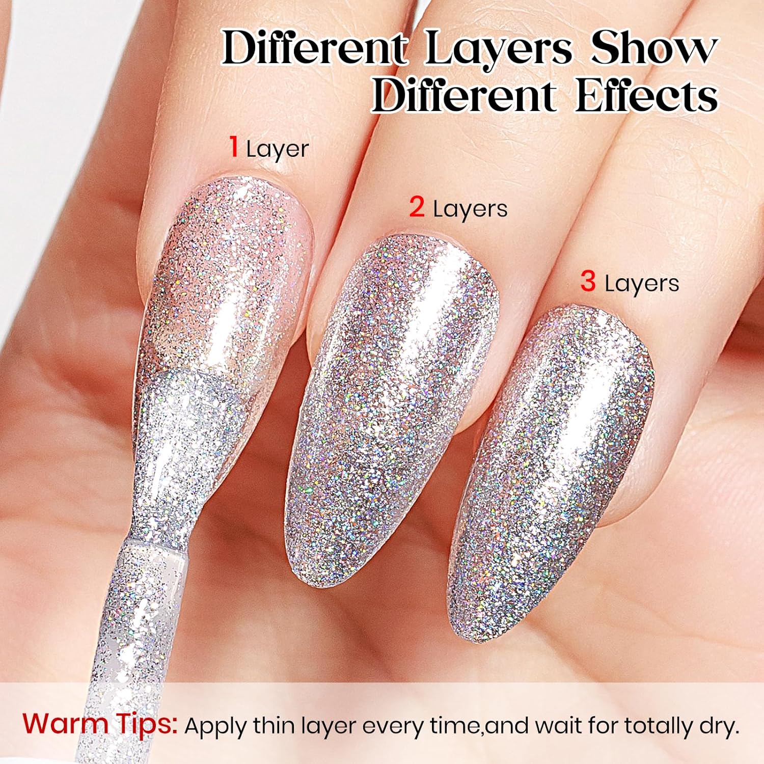 MIZHSE Quick Dry Glitter Nail Polish, Siver Rainbow Nail Polish Air Dry Fast, 15ml High Glossy Sparkly Shiny Shimmery Iridescent Silver Nail Art Salon Manicure Home-BrightBean Baby