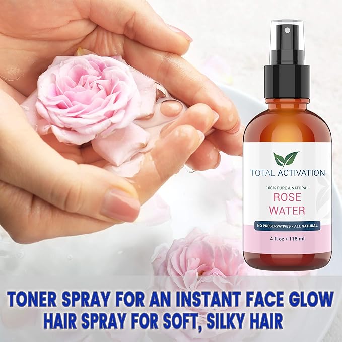 Large 4 oz 100% Pure, Organic Moroccan Rose Water Spray Face Toner, Skin Body Hair Spray, Eye Makeup Remover Alcohol Free Toner Minimizes Scar Hydrating Soothing Mist for Dry Oily Combination Skin-BrightBean Baby