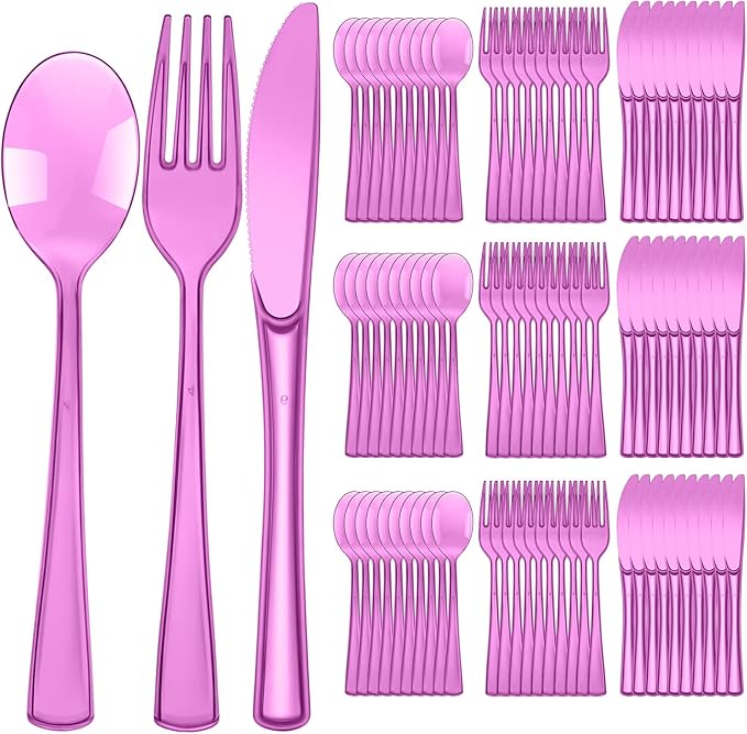 Minatee 150 Pieces Disposable Cutlery Set Plastic Silverware Heavy Duty Utensil Sets 50 Forks 50 Knives 50 Spoons for Home Office School Party Picnics Restaurant Outdoor Events(Purple)