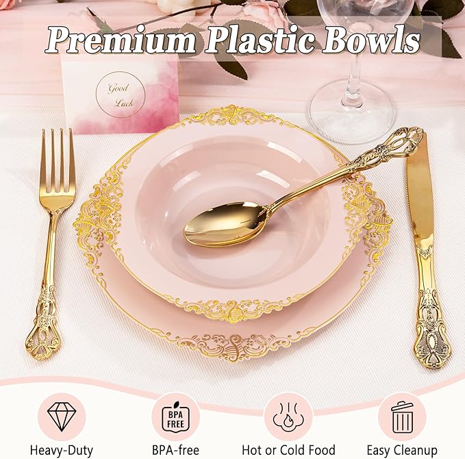 100PCS Pink Plastic Bowls - 12 oz Pink Gold Disposable Salad Bowls - Heavy Duty Disposable Soup Bowl - Fancy Plastic Ice Cream Bowl for Weddings Parties Dinners Picnics