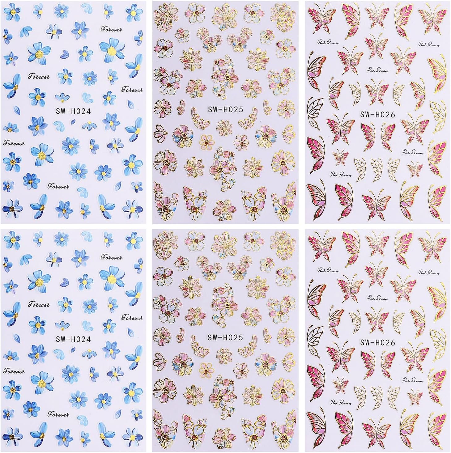 6Sheets Flower Nail Art Stickers 3D Self-Adhesive Nail Sticker Butterfly Nails Art Decals Holographic Floral Butterfly Nails Decal Decoration for Women Blue Blossom Manicure DIY Nail Supplies-BrightBean Baby