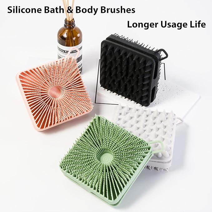 2 PC Silicone Exfoliating Body Scrubber, Silicone Body Shampoo Brush, Soft Silicone Loofah for Sensitive Skin, Shower Silicone Hair Scalp Massager, Easy to Clean, Lather Well(Black&Green)-BrightBean Baby