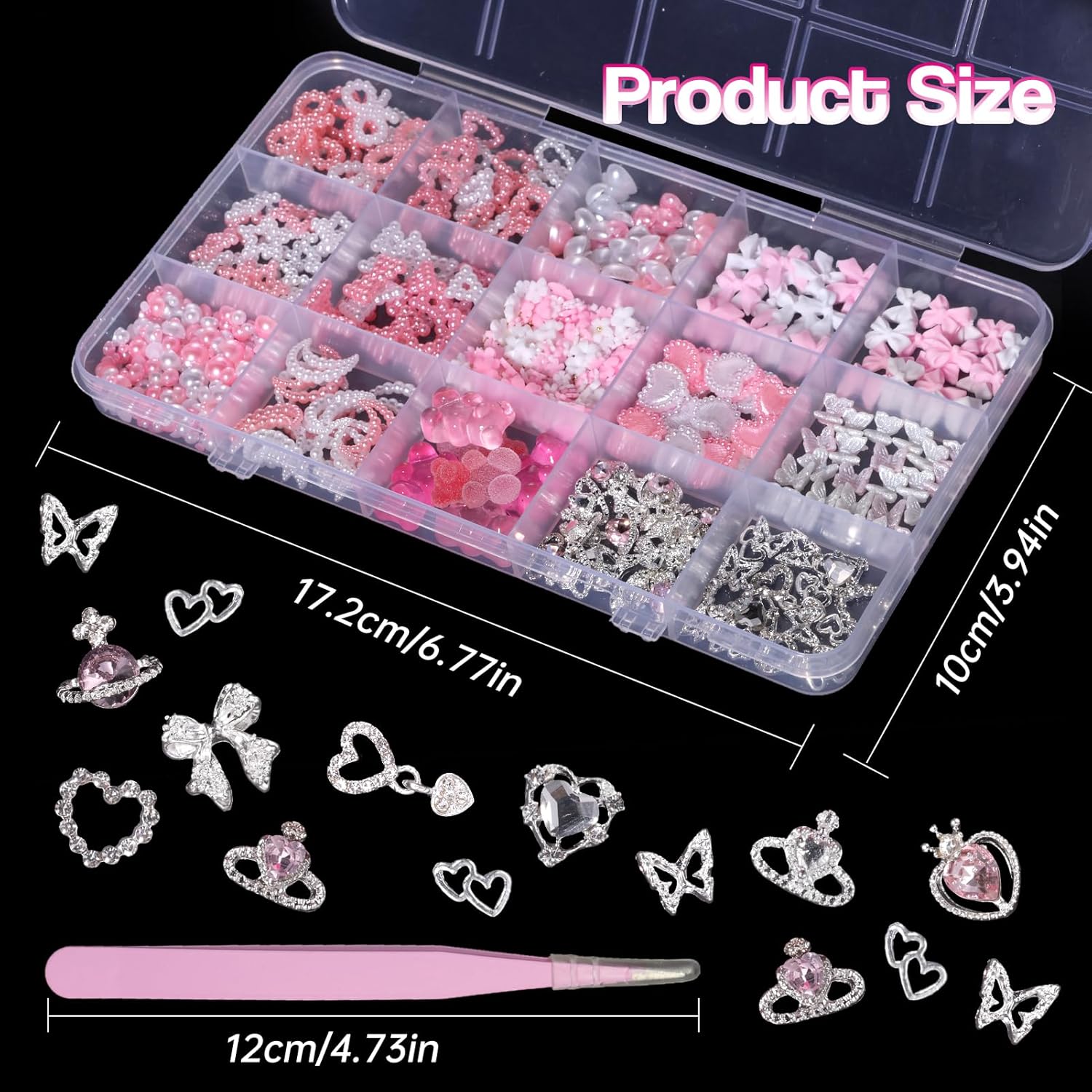 Silver Nail Gems Charms, 3D Pink Color Nail Art Charms, Acrylic Blossom Tiny Flowers Flatback Multi Styles Pearls Nail Charms Planet Heart Butterfly Nail Diamond Charms for Nails Manicure DIY Crafts-BrightBean Baby