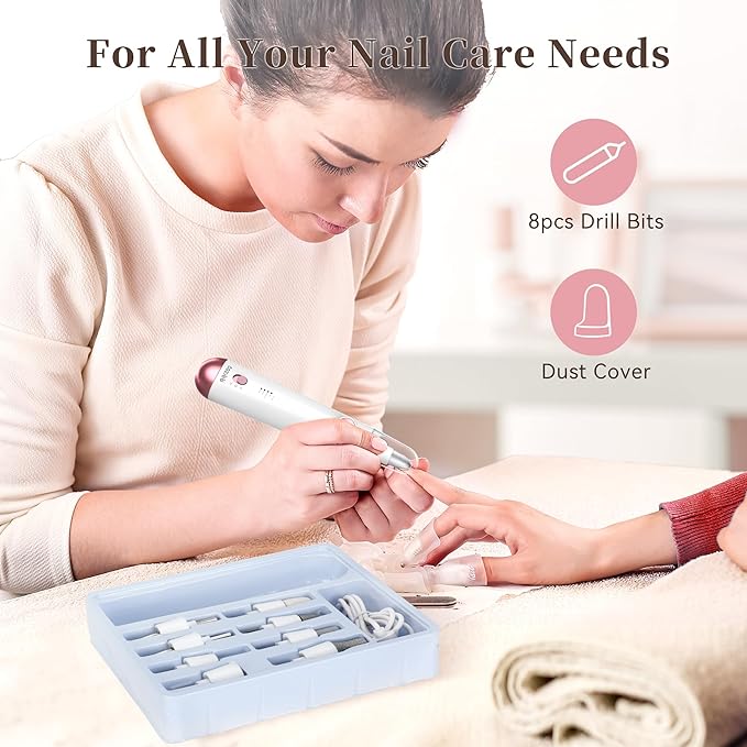 Electric Nail Drill, 8-in-1 Cordless Electric Nail File with LED Light, 5 Speeds Rechargeable Manicure and Pedicure Kit Hand Foot Care Tool for Nail Grinder Trim Polish for Women Baby-BrightBean Baby