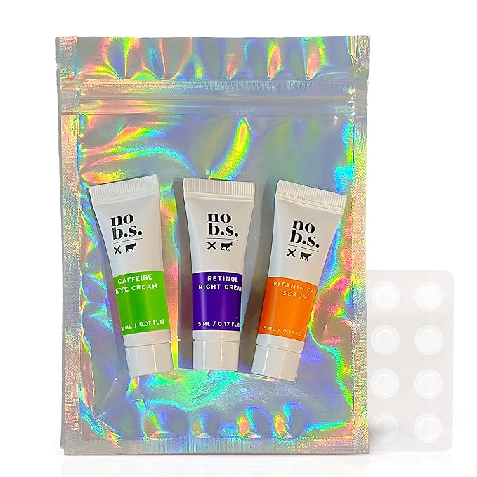 No B.S. (No Bad Stuff) Skincare Minis Kit, Vitamin C & E Serum with Hyaluronic Acid, Retinol Night Cream, Caffeine Eye Cream & Invisible, Waterproof Acne Patches, 4 Product Trial Size-BrightBean Baby