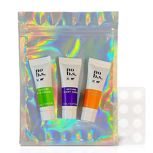 No B.S. (No Bad Stuff) Skincare Minis Kit, Vitamin C & E Serum with Hyaluronic Acid, Retinol Night Cream, Caffeine Eye Cream & Invisible, Waterproof Acne Patches, 4 Product Trial Size-BrightBean Baby