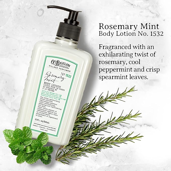 C.O. Bigelow Rosemary Mint Body Lotion, Village Perfumer Moisturizing Body Lotion with Aloe Vera, Borage Oil & Olive Oil, 10 Fl Oz-BrightBean Baby
