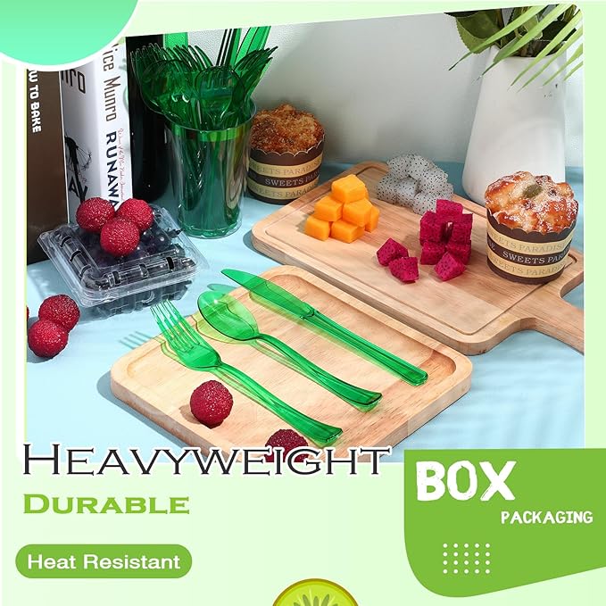 Minatee 150 Pieces Disposable Cutlery Set Plastic Silverware Heavy Duty Utensil Sets 50 Forks 50 Knives 50 Spoons for Home Office School Party Picnics Restaurant Outdoor Events(Green)