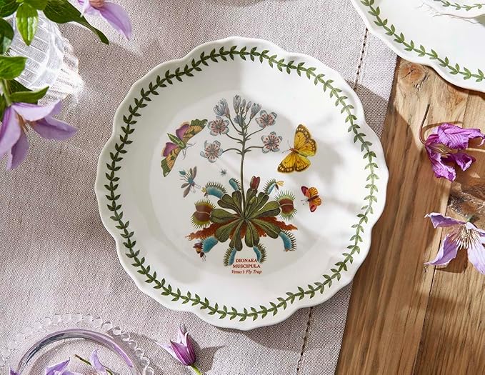 Portmeirion Botanic Garden Lotus 9" Salad Plate, Venus Fly Trap Illustration - Floral Scalloped Shaped Porcelain Dish for Appetizers or Desserts, Dishwasher & Oven Safe
