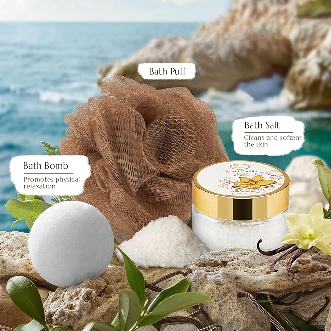 Bath and Body Warm Vanilla Sugar Spa Gifts for Women, with Shower Gel, Bubble Bath, Body Lotion, Bath Bomb, Bath Salt, Spa Basket Gift Set for Women, 7pcs Set Gifts-BrightBean Baby