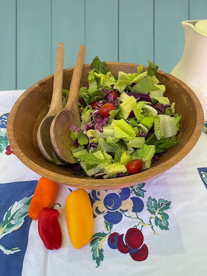 Extra Large Wooden Salad Bowl Set - 1/2" Thick Mango Wood Serving Bowl with Utensils, Wooden Mixing Bowls, Decorative Kitchen Dinnerware for Popcorn, Pasta, & Chips, Dishes - 15 Inch