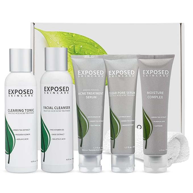 Exposed Skin Care Expanded Acne Treatment Kit - Includes Salicylic Acid Face Wash, Clearing Tonic, Treatment Serum with Benzoyl Peroxide, Clear Pore Serum, Moisture Complex - Made for All Skin Types-BrightBean Baby