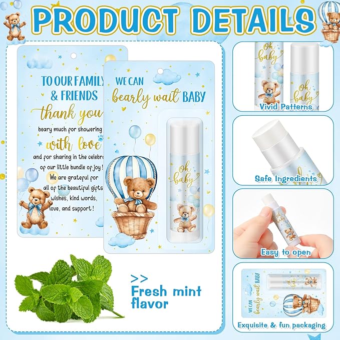 50 Pack Baby Shower Lip Balm Bulk Bear Baby Shower Favors Baby Mint Flavor Lip Balm Baby Shower Gifts for Guest Bear Themed Baby Shower Thank You Gifts Girls Boys Games Gender Reveal Favors-BrightBean Baby
