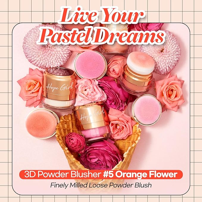 Hope Girl 3D Powder Blusher 0.17oz | Skin-Loving Korean Mini Blush for Cheeks and Eye Makeup w/Allantoin | K Beauty Cool Toned Vibrant Sunkissed Fine Powder Makeup Blush Cosmetics (#05 Orange Flower)-BrightBean Baby