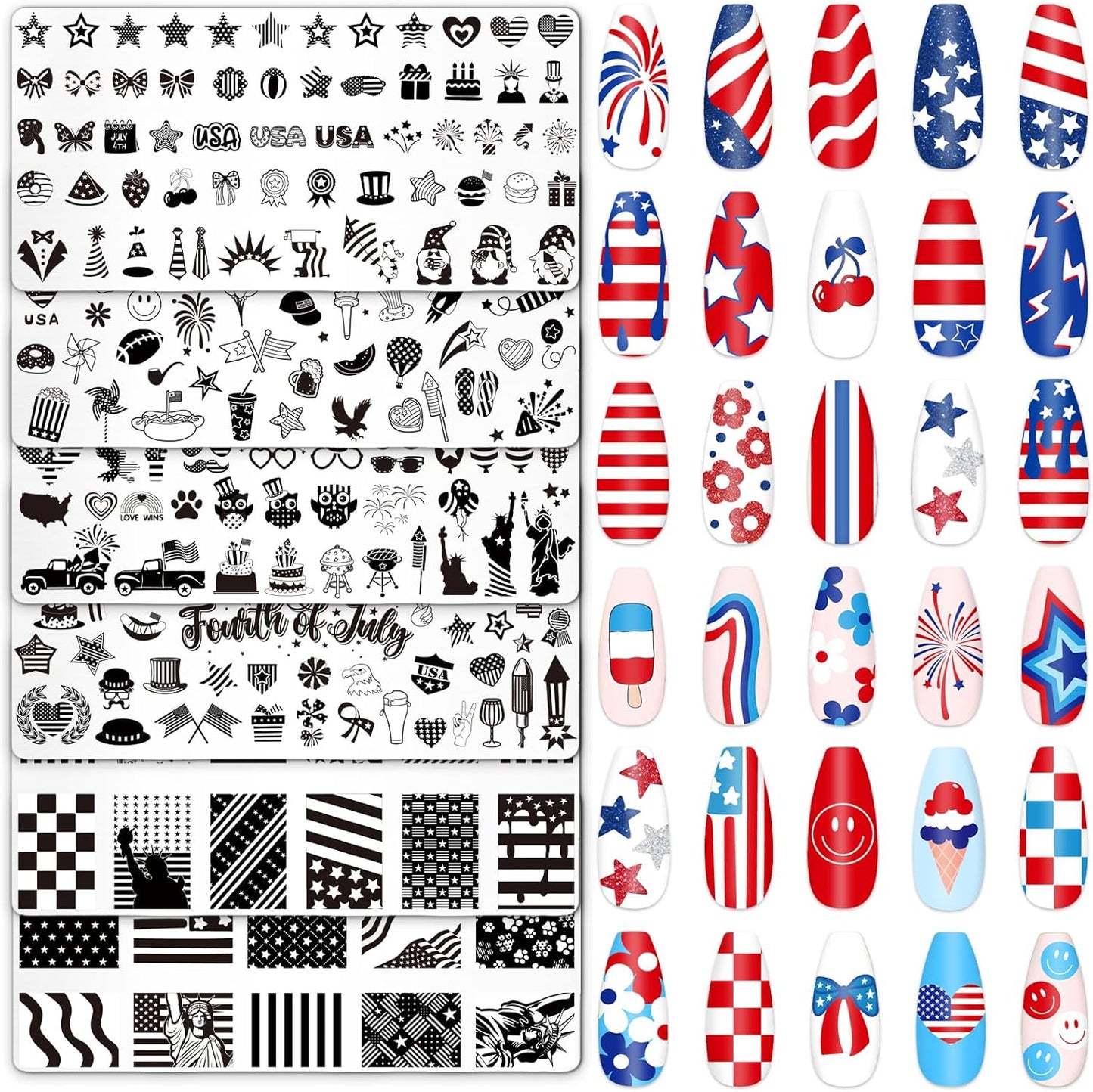 Whaline 6Pcs Patriotic Nail Plates Stamping Set USA Flag Star Stamp Templates 4th of July Nail Art Plates for Independence Day DIY Print Manicure Salon Design-BrightBean Baby