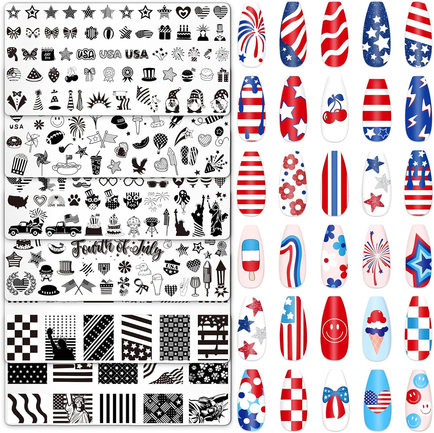 Whaline 6Pcs Patriotic Nail Plates Stamping Set USA Flag Star Stamp Templates 4th of July Nail Art Plates for Independence Day DIY Print Manicure Salon Design-BrightBean Baby