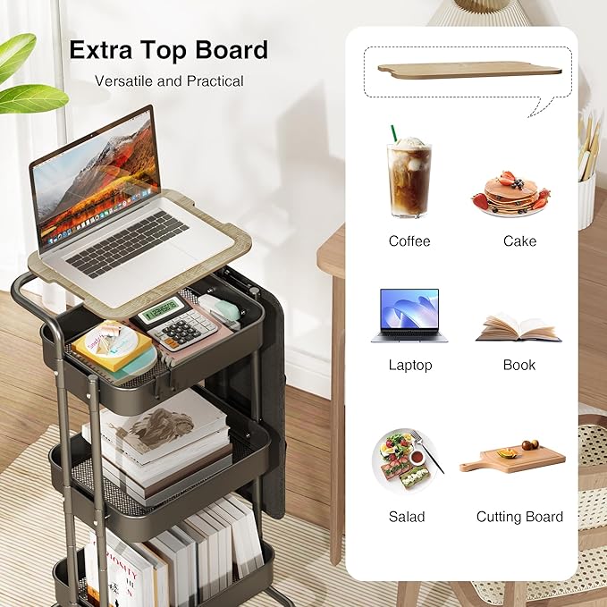 DTK 3 Tier Metal Utility Rolling Cart with Table Top and Side Bags, Tray Storage Organizer Wheels, Art Craft 4 Hooks for Kitchen Bathroom Office Living Room (Black)-BrightBean Baby