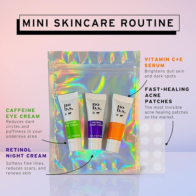 No B.S. (No Bad Stuff) Skincare Minis Kit, Vitamin C & E Serum with Hyaluronic Acid, Retinol Night Cream, Caffeine Eye Cream & Invisible, Waterproof Acne Patches, 4 Product Trial Size-BrightBean Baby