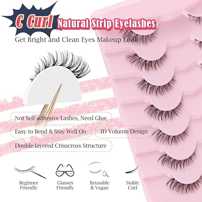 Cat Eyelashes Wispy False Eyelashes Natural 12mm Short Lashes with Thin Band Fake Eyelash 3D Volume Strip Lashes Siligli Eyelash Pack 7 Pair-BrightBean Baby