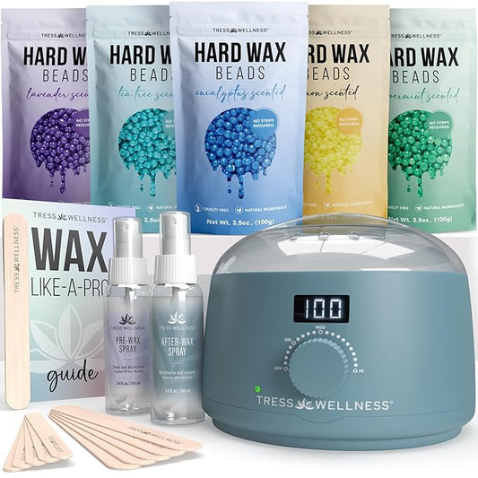 Tress Wellness Waxing Kit for Sensitive Skin – Safe for Face & Skin, Prep & Aftercare Spray, Easy to Use – At-Home Kit for Face, Bikini, Brazilian & Full Body - Digital Display, Blue-BrightBean Baby