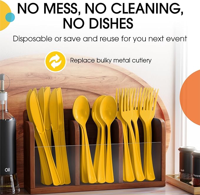 Party Solids Yellow Plastic Silverware Heavy Duty 150 Pieces Yellow Plastic Cutlery Sets, Utensil Sets, 50 Of Each Forks, Knives & Spoons Disposable Cutlery Set, Flatware Set For Party Supplies