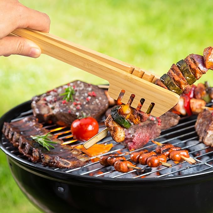 2-Pack Bamboo Kitchen Tongs for Cooking – 8.7-Inch Wooden Food Tongs with Wide Grooved Tips, Flip Design for Nonstick Cookware, Salad, BBQ, and Grilling