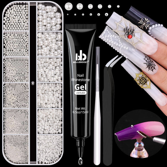 Luxurious Flatback Pearls (White) & Metal Nail Beads (Silver) with Rhinestones Glue Gel for Acrylic Nail Tips Manicure Decor-BrightBean Baby