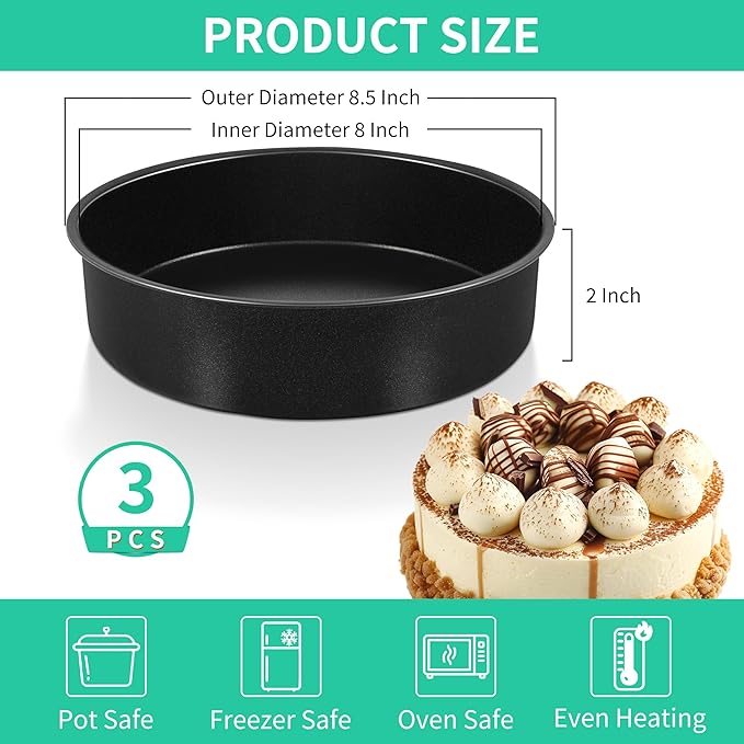 P&P CHEF 8 Inch Cake Pan Set of 3, Non-Stick Round Cake Pans Tins for Tier Smash Cakes, Baking Pans Set & Essential Bakeware, Stainless Steel Core & Leak-Proof