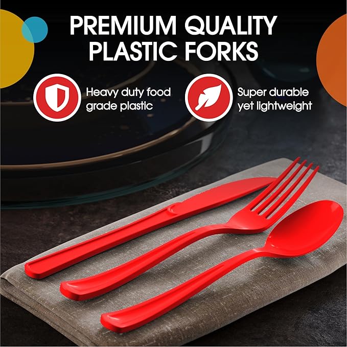 Party Solids Red Plastic Silverware Heavy Duty 300 Pieces Red Plastic Cutlery Sets, Utensil Sets, 100 Of Each Forks, Knives & Spoons Disposable Cutlery Set, Flatware Set For Party Supplies