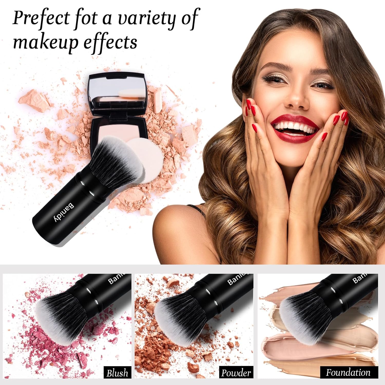 Makeup Brush Kabuki Face Brushes Retractable Travel Blush Kabuki Brush Portable Flawless for Foundation, Powder Blush, Bronzer, Buffing, Liquid, Cream, Cruelty Free with Cover-BrightBean Baby