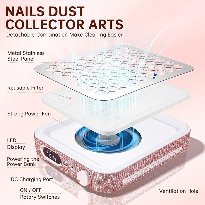 Nail Dust Collector, Rechargeable Dust Collector Nail Tech, Powerful Vacuum Fan Vent Dust Collector Extractor Dust Suction Machine for Acrylic Nails Polishing, Nail Salon&Home, Pink-BrightBean Baby