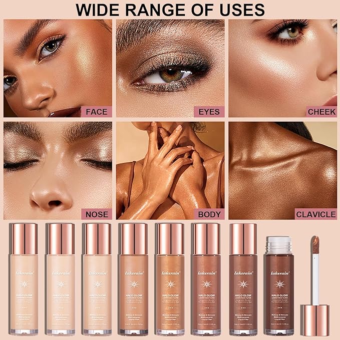 Natural Glow Liquid Filter Makeup, Longwear Face Luminizer, Complexion Booster For Any Part of the Body, Liquid Highlighter with Brush Kit, Infused Hyaluronic Acid, 1.06 fl oz (#08 RICH)-BrightBean Baby