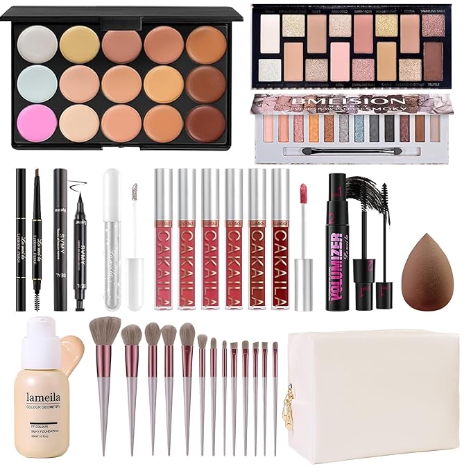 Makeup Present Set for Teen Girl Women, Travel Makeup Kit, Makeup Full Kit for Beginner, Makeup Bundle Include 2 Matte & Shimmer Eyeshadow Palettes, Liquid Glitter Eyeshadow & Eyeliner-BrightBean Baby