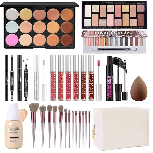 Makeup Present Set for Teen Girl Women, Travel Makeup Kit, Makeup Full Kit for Beginner, Makeup Bundle Include 2 Matte & Shimmer Eyeshadow Palettes, Liquid Glitter Eyeshadow & Eyeliner-BrightBean Baby