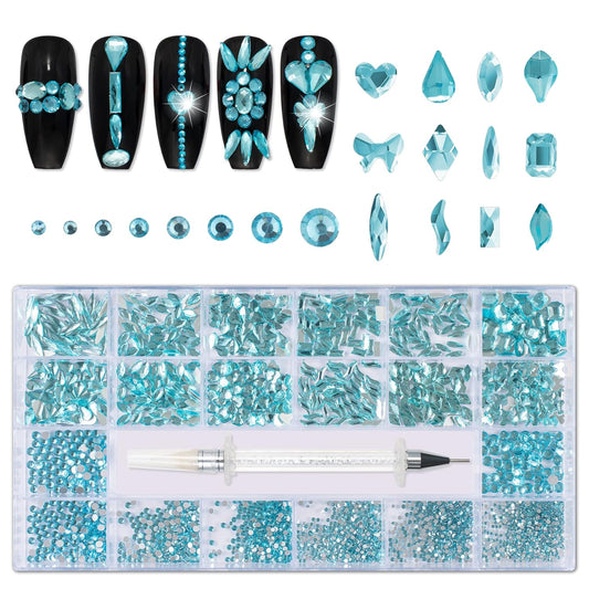 Nail Rhinestones Kit, Nail Art Decorations with Wax Pencil Flat AB Rhinestones Kit DIY Crafts Gemstones for Nail, Shoes, Clothes, Jewels (600 Aquamarine Diamonds + 2500 Flat Rhinestones)…-BrightBean Baby