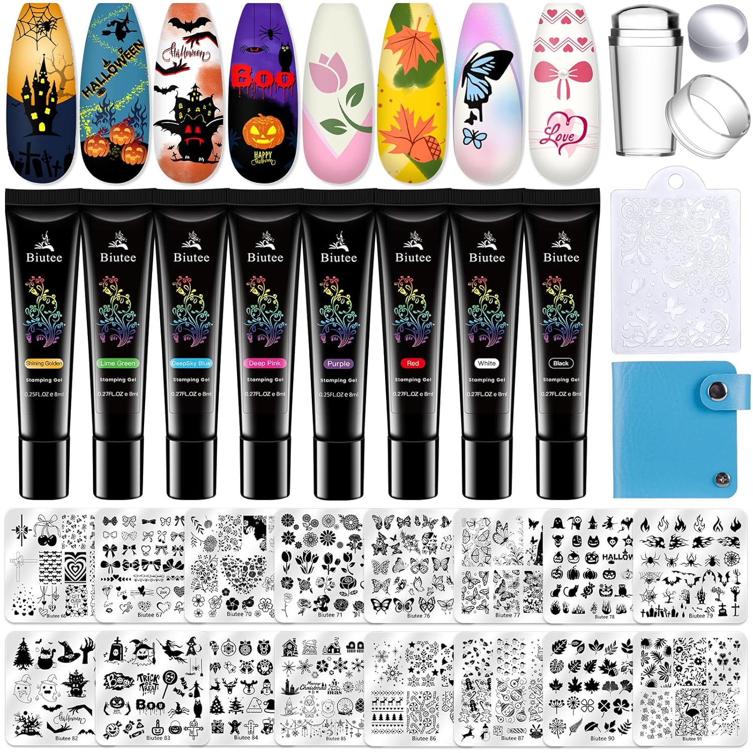 Biutee Nail Stamper Kit 16Pcs Nail Art Stamping Plate 8 Colors Stamp Polish Gel Silicone Stamper Scraper with Storage Bag, Nail Stamp Plates Love Flower Butterfly Leaf Template Halloween Design Gift-BrightBean Baby