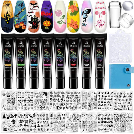 Biutee Nail Stamper Kit 16Pcs Nail Art Stamping Plate 8 Colors Stamp Polish Gel Silicone Stamper Scraper with Storage Bag, Nail Stamp Plates Love Flower Butterfly Leaf Template Halloween Design Gift-BrightBean Baby