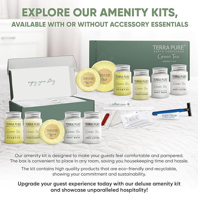 Terra Pure Green Tea Amenity Kit | Boxed Hotel Toiletries | Bulk Set 1oz Travel Size Shampoo, Conditioner, Lotion, Body Wash & Body Bar Soap for Guest Hospitality AirBnB/Vacation Rentals | 1 set/ case-BrightBean Baby