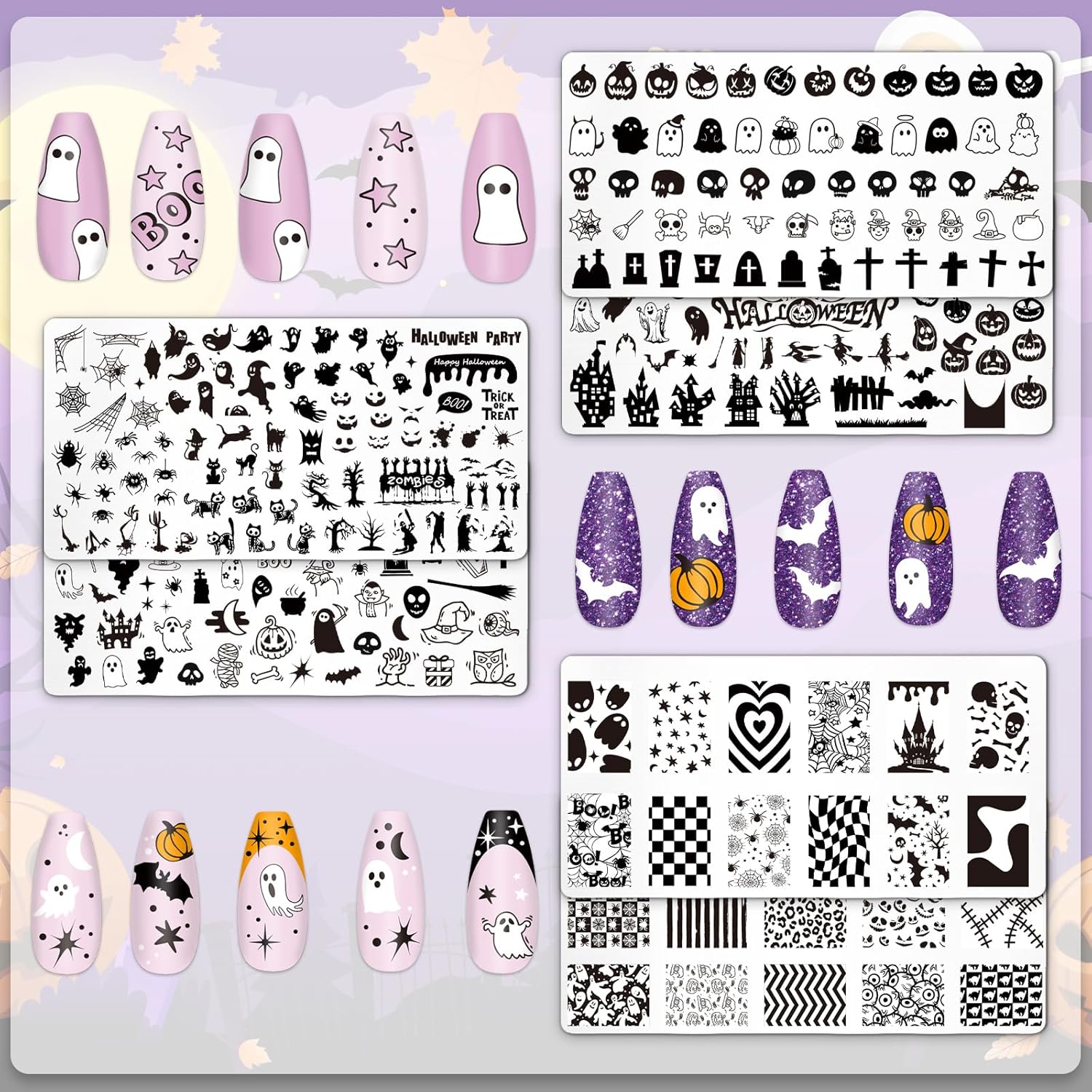 Whaline 6Pcs Halloween Nail Plates Stamping Set Pumpkin Ghost Skull Stamp Templates Nail Art Plates for DIY Print Manicure Salon Design Gift-BrightBean Baby