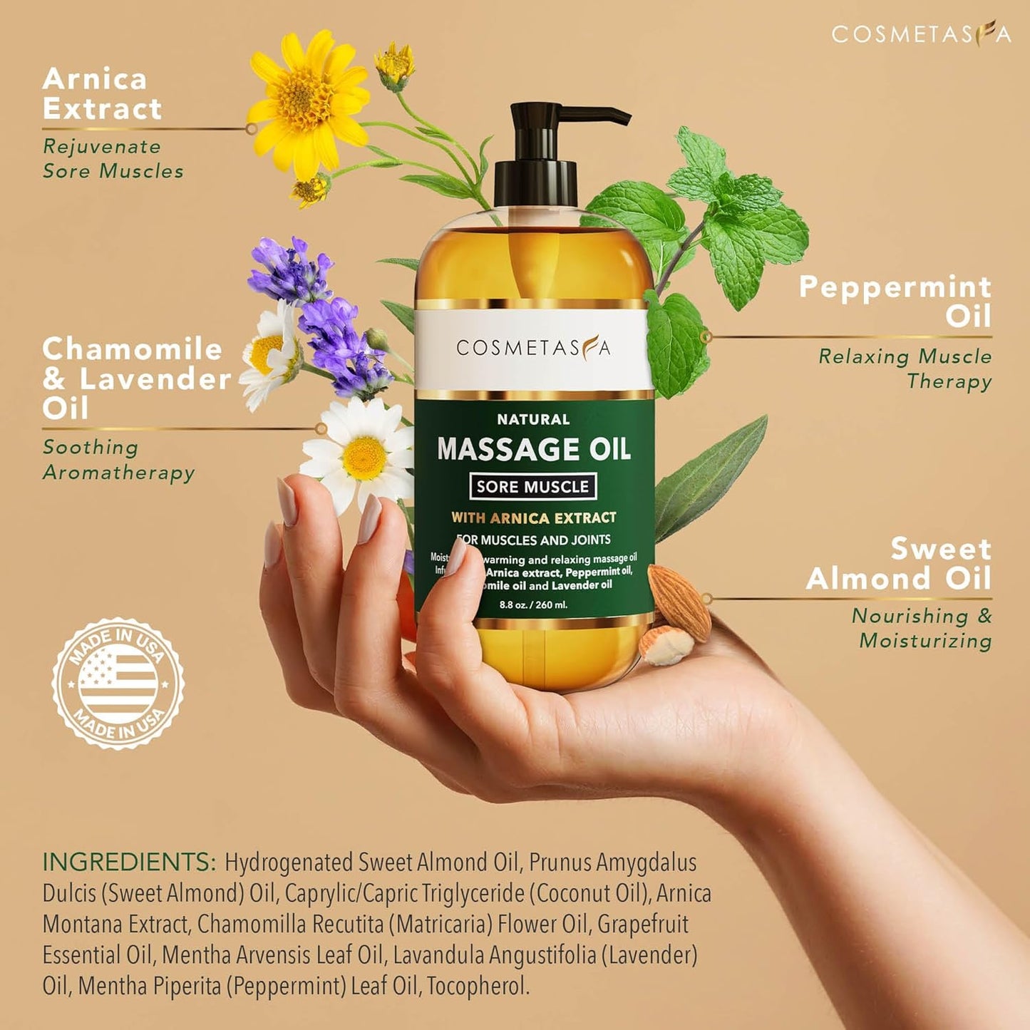 Cosmetasa Sore Muscle Massage Oil - 8.8 oz, Soothes Muscle and Joint with Arnica Extract, Peppermint, Chamomile, and Lavender Oil (8.8 oz, Sore Muscle)-BrightBean Baby