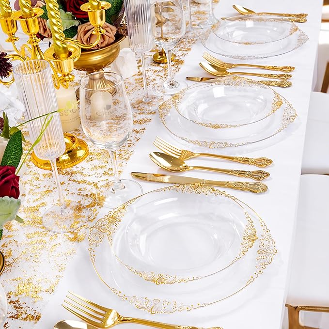 100PCS Clear Gold Plastic Bowls - 12 oz Clear Disposable Salad Bowls - Heavy Duty Disposable Soup Bowl - Fancy Plastic Ice Cream Bowl for Weddings, Thanksgiving Parties, Dinners, Picnics,