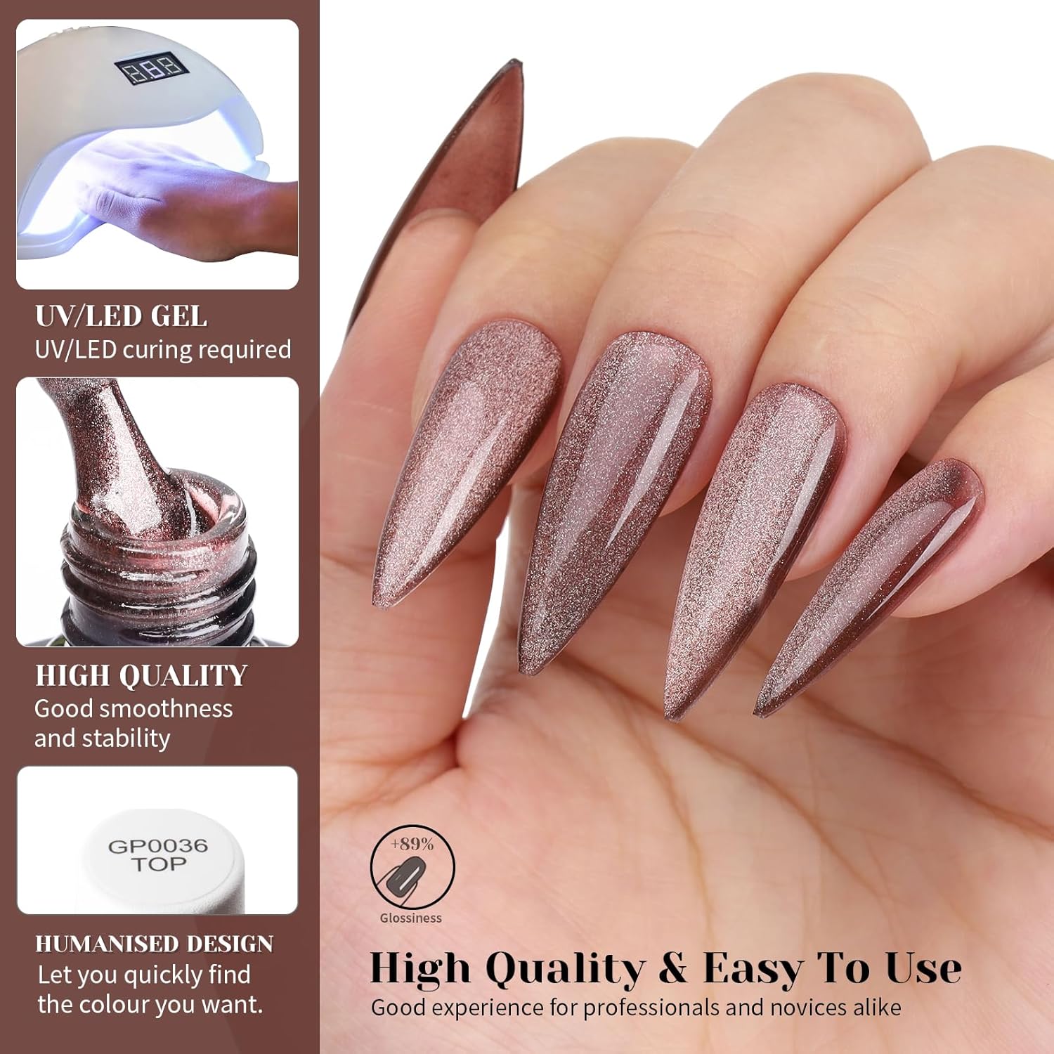 Cat Eye Gel Nail Polish, Crystal Galaxy Holographic Brown Cateye Gel Polish with Magnet, Silver Shimmer Glitter Velvet Soak Off UV LED Home Diy Manicure Fall Winter Colors GP0101-BrightBean Baby