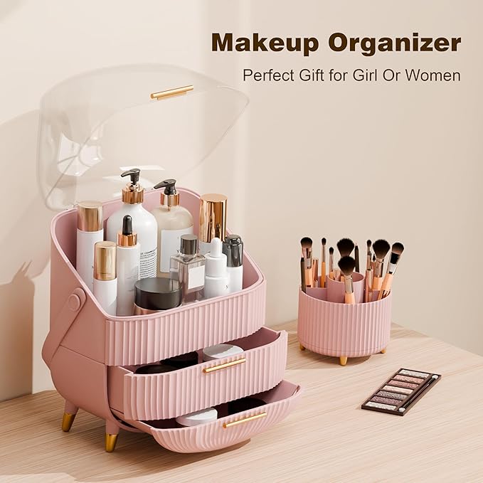 Makeup Organizers and Storage Make up Organizer for Vanity Cosmetics Skincare With Lid and Drawers Display Cases for Countertop Bathroom Women Teenager Girl Gifts(Pink+Brush Holder)-BrightBean Baby
