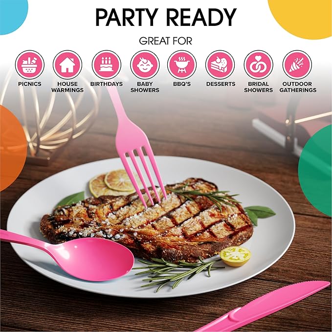 Party Solids Hot Pink Plastic Silverware Heavy Duty 300 Pieces Hot Pink Plastic Cutlery Sets, Utensil Sets, 100 Of Each Forks, Knives & Spoons Disposable Cutlery Set, Flatware Set For Party Supplies