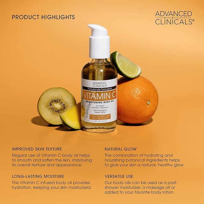 Advanced Clinicals Vitamin C illuminating Body Oil For Women & Men |Vitamin C Oil Skin Care Body Moisturizer With Vitamin E + Botanicals To Help Improve Appearance Of Dark Spots + Dry Skin, 2 Piece-BrightBean Baby