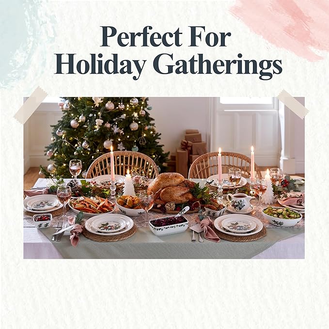 Portmeirion Holly and Ivy 8.5-Inch Pasta Bowls (Set of 4) - Holiday Earthenware for Christmas Feasts, Ideal for Serving Salad, Soups, Desserts - Microwave, Dishwasher Safe - Seasonal Tableware